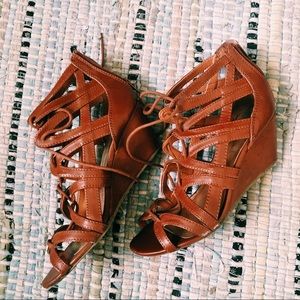lace-up brown wedges